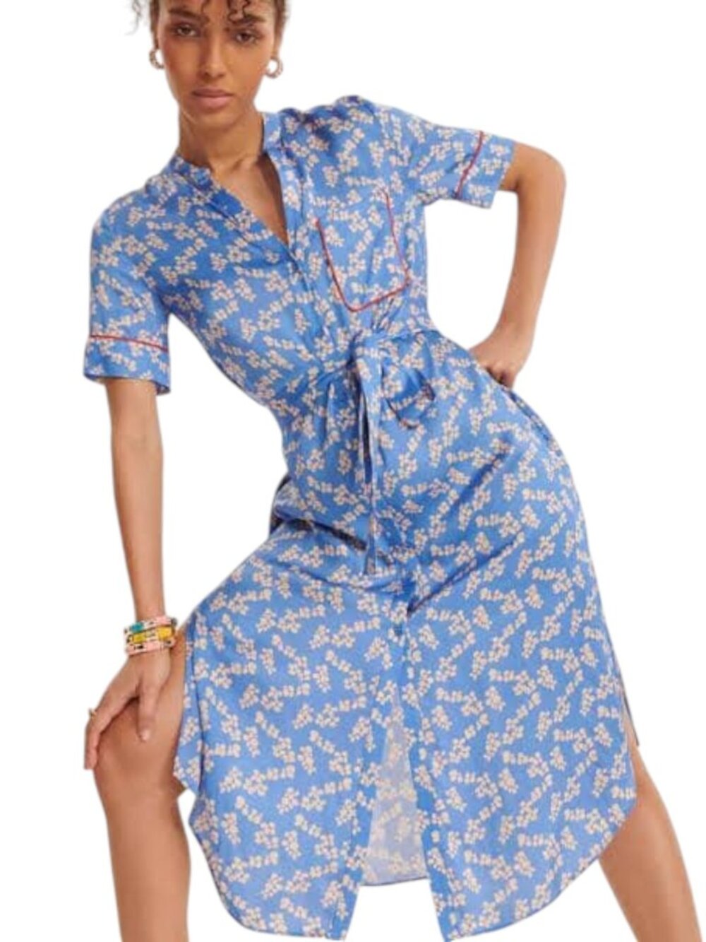 Tara Jarmon Magnolia Button Down Short Sleeve Floral Shirt Dress Belted Small